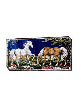 Vintage Italian Made Velvet Horse Tapestry Rug Or Wall Decor 38" X 19"